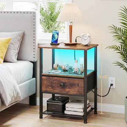 LOAKEKEL Night Stand Set 2, LED Nightstand with Charging Station, End Tables Living Room with Fabric Drawer for Small Spaces, Bed Side Tables with Storage Shelf for Bedroom, Brown, HETS01PBR