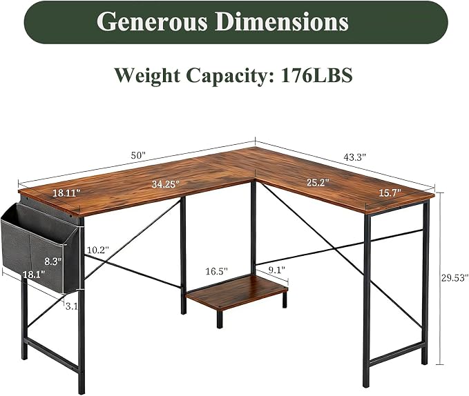L-Shaped Corner Home Office Computer Desk, Gaming Desk with CPU Stand Shelf and Hanging Storage Pocket, Student Study Writing Table, Sturdy Metal Frame, 43.3" D x 50" W, Rustic Brown