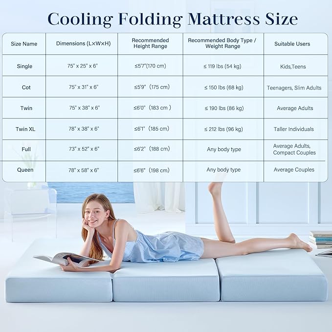 Lazyzizi Cooling Folding Mattress,6 Inch Foldable Mattress with Memory Foam Cold & Breathable Fabric Cover,Trifold Floor Guest Murphy Bed for Camping, RV