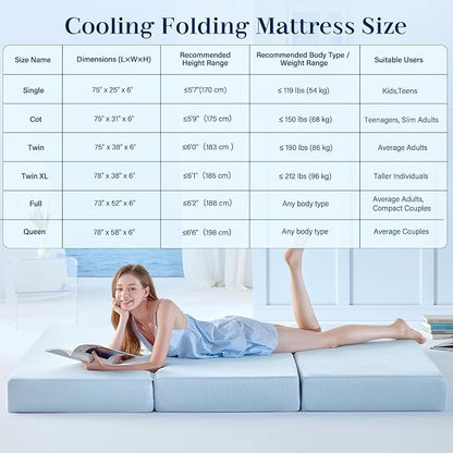 Lazyzizi Cooling Folding Mattress,6 Inch Foldable Mattress with Memory Foam Cold & Breathable Fabric Cover,Trifold Floor Guest Murphy Bed for Camping, RV