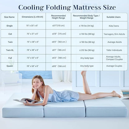 Lazyzizi Cooling Folding Mattress,6 Inch Foldable Mattress with Memory Foam Cold & Breathable Fabric Cover,Trifold Floor Guest Murphy Bed for Camping, RV