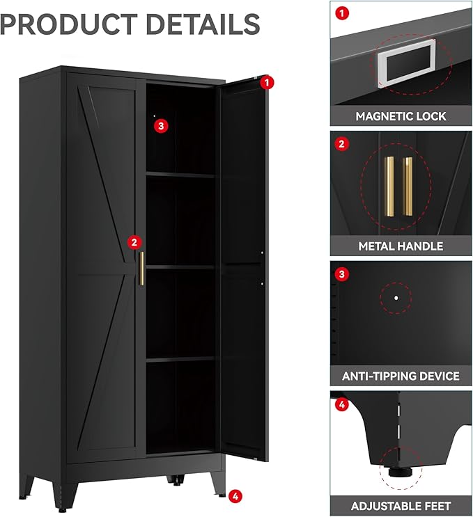 Farmhouse Pantry Cabinet with Barn Doors,61" H x 27.5" W,Metal Cabinet with Adjustable Shelves,4-Tier Storage Cabinet for Kitchen Dining Room Garage Office,Black 1 Pack