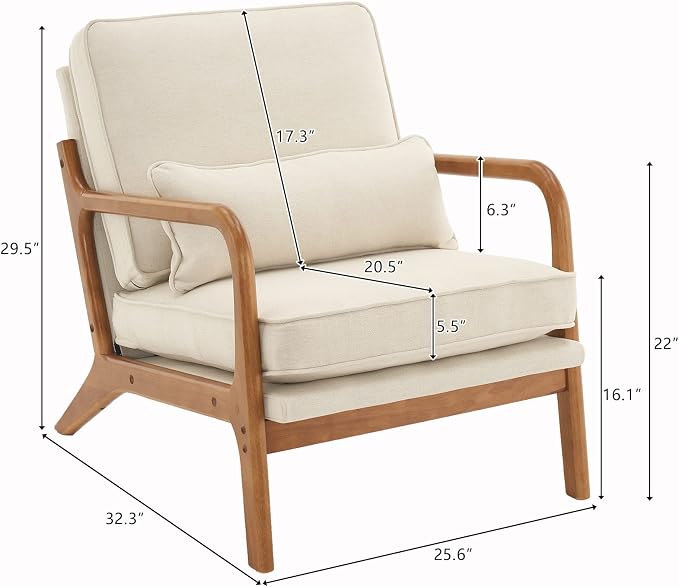 Karl home Accent Chairs Set of 2, Mid-Century Modern Chair with Pillow Upholstered Lounge Arm Chair with Solid Wood Frame & Soft Cushion for Living Room, Bedroom, Balcony, Beige