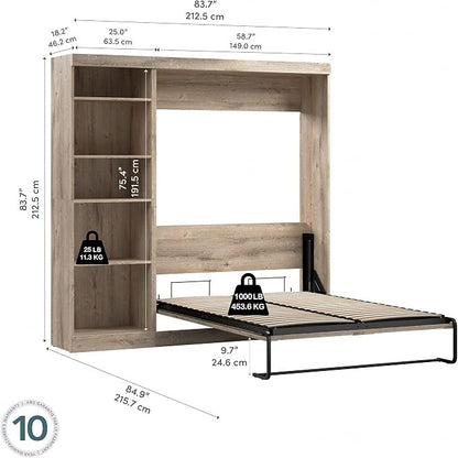 Bestar Pur Full Murphy Bed with Shelving Unit, 84-inch Space-Saving Sleeping Arrangement for Multipurpose Room in Rustic Brown