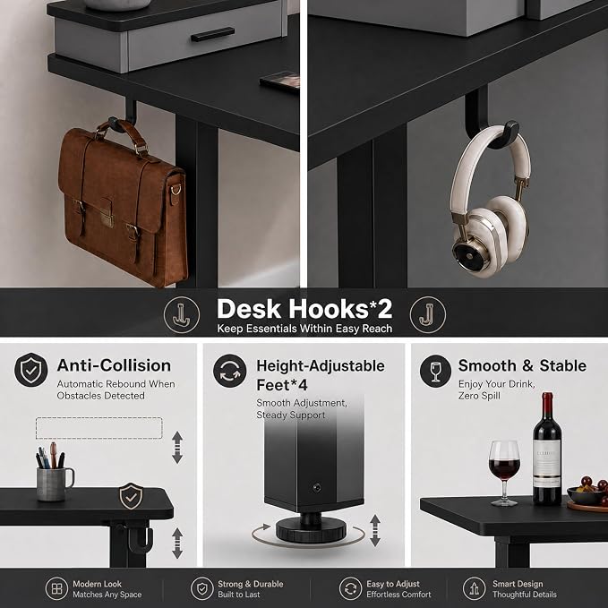 Grandder Electric Standing Desk with Two Drawers, Curved Desktop Sit to Stand Up Height Adjustable Desk with Storage Shelf for Home Office, 47 * 26 Inch, Ergonomic Adjustable Computer Desk, Black