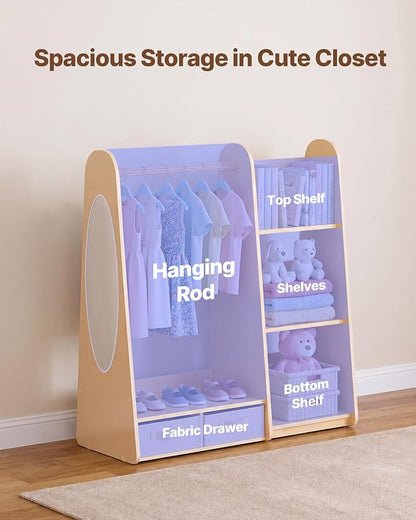 VEVOR Kids Dress Up Storage, with Mirror, Dress Up Closet, Toddler Wardrobe Closet for Little Girls, Armoire with Shelves & Bottom Tray, Costume Organizer, Toddler Room Furniture, for Bedroom, Natural