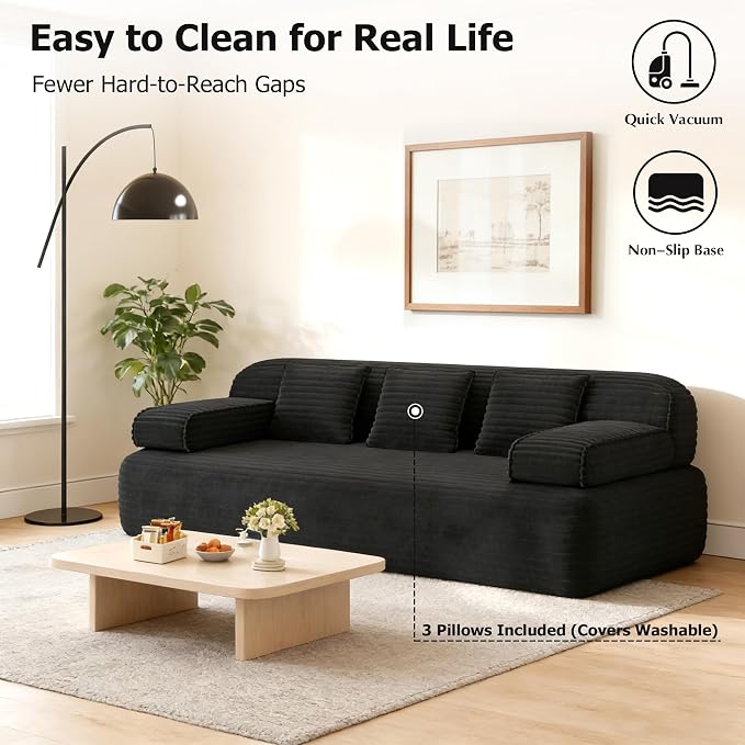 Convertible Sofa Bed, 78.7" Frameless Floor Sofa-in-a-Box, Corduroy Boneless Couch for Small Space Apartments, Queen Sleeper Sofa for Everyday Use, 3 Pillows Included, No Assembly (Black)