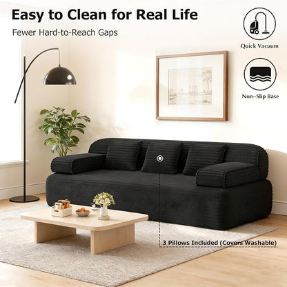 Convertible Sofa Bed, 78.7" Frameless Floor Sofa-in-a-Box, Corduroy Boneless Couch for Small Space Apartments, Queen Sleeper Sofa for Everyday Use, 3 Pillows Included, No Assembly (Black)