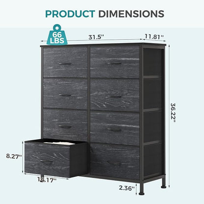 OLIXIS 8 Drawer Dresser TV Stand, Entertainment Center, Media Console Table with Metal Frame and Wood Top,Chest of Drawers for Bedroom, Living Room, Black Wood Grain