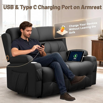 Reclining Loveseat, Wall-Hugger Loveseat Recliner Design with USB/Type C Charging & Storage & Cupholder, Pebble-Weave Fabric Recliner Sofa Couch for Living Room, Home Theater & RV Use