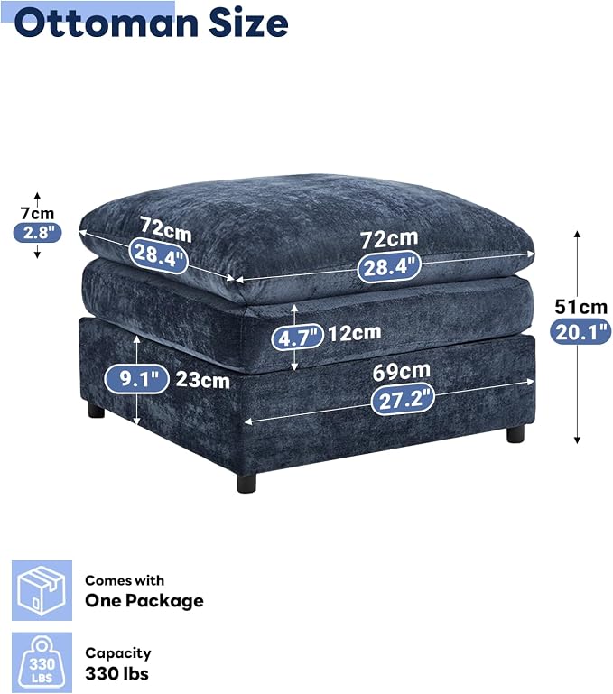 Iroomy 25" Chenille Ottoman, 9.5" Thick Cushion, Upholstered Footrest Modern Footstool & Bench for Living Room, Bedroom, Blue