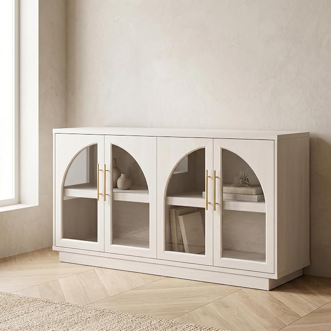 Fatmok 59" Buffet Cabinet with Glass Doors, Modern Arched Sideboard with Large Storage and Adjustable Shelves, Accent Console Credenza for Dining Room, Living Room, Entryway, White Wood Grain