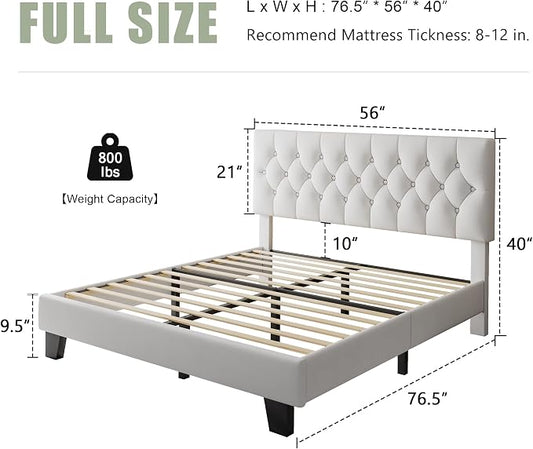 Feonase Velvet Full Size Platform Bed Frame with Button Tufted Headboard, Upholstered Bed with Wooden Slats Support, No Box Spring Needed, Easy Assembly, Noise-Free, White