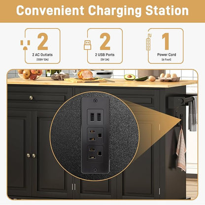 Hlivelood 63" Movable Kitchen Island with Drop Leaf and Power Outlet, Rolling Island Cart w/Storage Cabinet, Island Table on Wheels for Kitchen w/2 Drawers, Spice Rack, Towel Bar, Garage Hook, Black