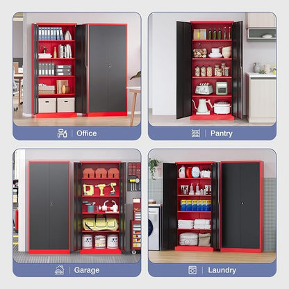 72 Inch Metal Cabinet,Lockable Storage Cabinet with 2 Doors and 4 Adjustbale Shelves,Tall Tool Cabinet Cabinet for Garage,Basement,Home Office,Gym(Red & Black)