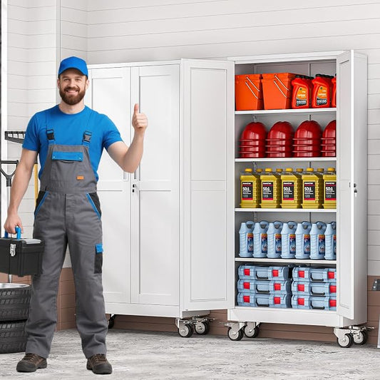 71" Metal Garage Storage Cabinet with Wheels and Locking Doors and Tall Rolling Steel Tool Cabinet with 4 Adjustable Shelves for Garage,Home,Office,Shop (White, 71''H x 30''W x15''D)