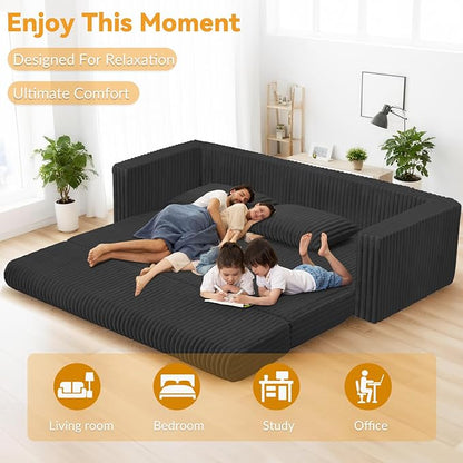 HABUTWAY 78" Loveseat Boneless Couch, 4-in-1 Convertible Sofa Bed, Plush Fur Folding Futon Sofa Bed Couches with 2 Pillows for Living Room, High-Density Foam Support, No Assembly Required, Black