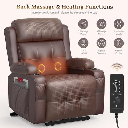 Extra Wide Seat Recliner Chair with Heat and Back Massage, Electric Power Oversized Reclining Chair Infinite Position with Storage Armrests & 2 Cup Holders for Living Room, Manual Recliners