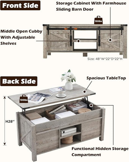 OKD 48" Farmhouse Lift Top Coffee Table with Sliding Barn Door,Rustic Center Table w/Hidden Storage Compartment, Lift Tabletop Dining Table w/Adjustable Shelf for Living Room,Light Rustic Oak