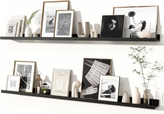 Fun Memories Picture Ledge Shelves Set of 2, 55 Inch Rustic Wall Mounted Floating Shelves with Lip for Home Storage and Décor in Bathroom, Kitchen, Nursery, Bedroom, Living Room, Black