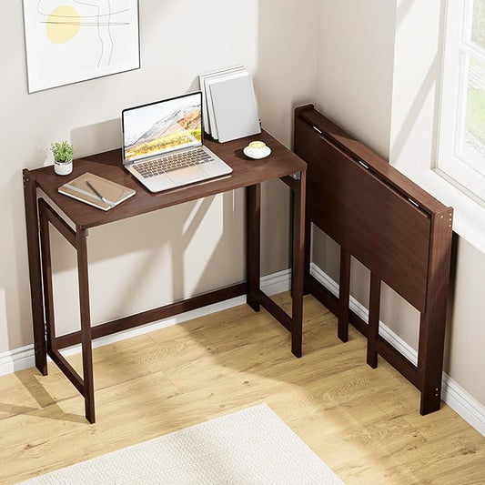 Bamboo Folding Desk 32.68 Inch, Small Foldable Desk for Small Spaces, Writing Desk Computer Table for Bedroom Home Office, Space Saving Foldable Desk, Easy Assembly, Brown