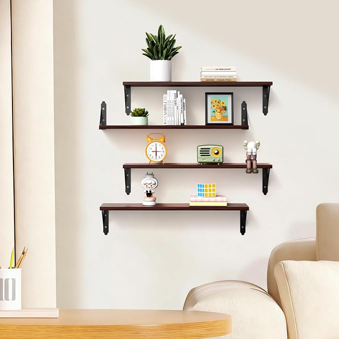 ROMGUAR CRAFT Wood Floating Shelves Set of 4, Rustic Storage Decor Wall Shelves, Wall Mounted Shelf for Living Room, Bedroom 23.6" x 6", Brown