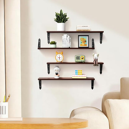 ROMGUAR CRAFT Wood Floating Shelves Set of 4, Rustic Storage Decor Wall Shelves, Wall Mounted Shelf for Living Room, Bedroom 23.6" x 6", Brown