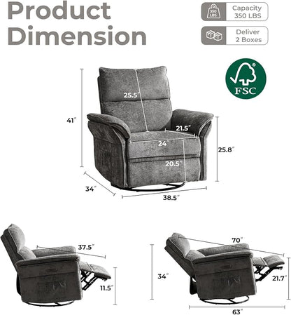 Swivel Rocker Recliner, Glider Recliner Nursery Chair with Massage and Heat, Power Nursery Rocking Chairs with Adjustable Headrest for Living Room，USB Ports,Side Pockets,Chenille Grey