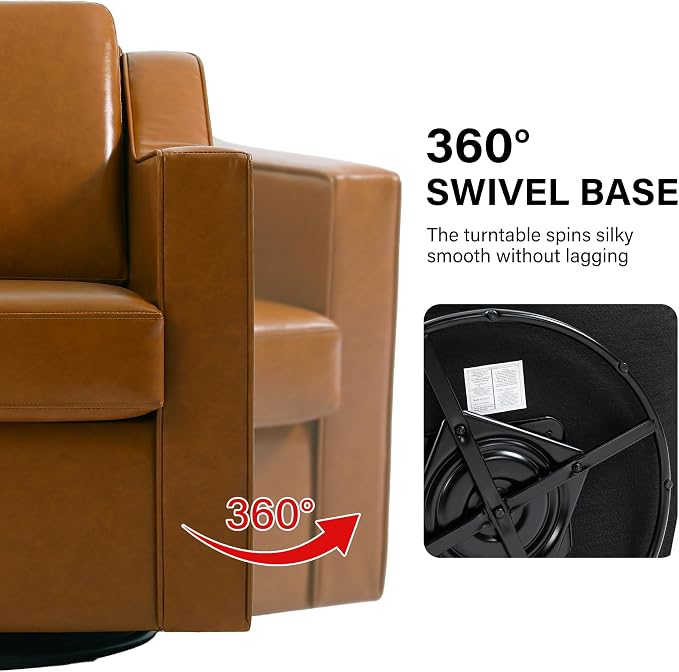 Swivel Accent Chair, Modern Round Barrel Arm Chair for Living Room, Bedroom, Comfy Club Reading Chairs for Adults (Leather Brown, Set of 1)