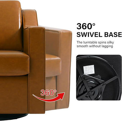 Swivel Accent Chair, Modern Round Barrel Arm Chair for Living Room, Bedroom, Comfy Club Reading Chairs for Adults (Leather Brown, Set of 1)