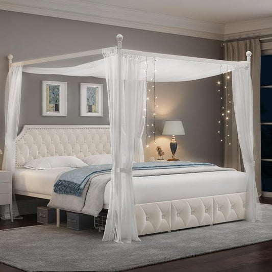 Keyluv King Upholstered Canopy Bed Frame with 3 Storage Drawers & Button Tufted Headboard, Metal Platform Bed with 4 Removable Posts, Two-Purpose Velvet Bed, Beige/Curtain Not Included