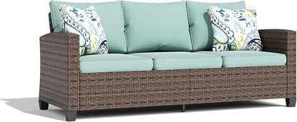 HERA'S HOUSE Outdoor Patio Sofa, 3-Seat Wicker Couch Loveseat, Deep Seating Furniture for Lawn Garden Porch Backyard, Blue