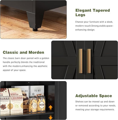 COFaR Black Farmhouse Storage Kitchen Pantry Cabinet with 2 Barn Door, 4 Adjustable Shelves and Legs, for Cupboard/Dining Room/Bathroom/Living Room/Office/Laundry Room (Black, 71" Farmhouse)