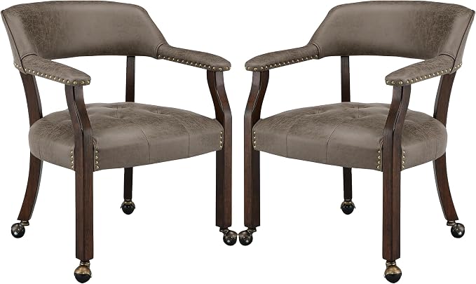 LEEMTORIG Set of 2 Dining Chairs with Casters and Arms, Rolling Dining Chairs with Wheels for Elderly, Ergonomic Wide Seat Wooden Office Chairs, 26"Dx25.2"W, Espresso Legs&Dark Brown Fabric SY-318-DK