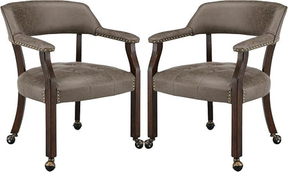 LEEMTORIG Set of 2 Dining Chairs with Casters and Arms, Rolling Dining Chairs with Wheels for Elderly, Ergonomic Wide Seat Wooden Office Chairs, 26"Dx25.2"W, Espresso Legs&Dark Brown Fabric SY-318-DK