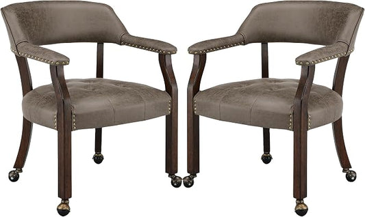 LEEMTORIG Set of 2 Dining Chairs with Casters and Arms, Rolling Dining Chairs with Wheels for Elderly, Ergonomic Wide Seat Wooden Office Chairs, 26"Dx25.2"W, Espresso Legs&Dark Brown Fabric SY-318-DK