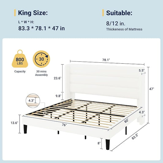 Allewie King Size Platform Bed Frame with Velvet Upholstered Wingback Headboard, No Box Spring Needed, Under Bed Storage Space, Strong Wooden Slats, Modern Mattress Foundation, Easy Assembly, White