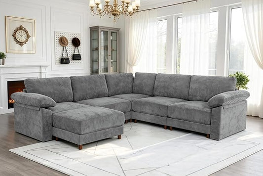 Oversized L Shaped Sectional Couch for Living Room, Extra Large Deep Seat Modular Sectional Sofa with Washable Covers, Modern Cloud Couch for Apartment, Bedroom (Light Gray, Corner V Shape 6 Seat)