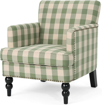 Christopher Knight Home Eve Modern Upholstered Club Chair, Wooden Living Room Accent Chair, Comfy Bedroom Reading Chair, Multifunctional Armchair, Green Checkerboard