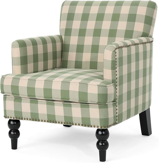 Christopher Knight Home Eve Modern Upholstered Club Chair, Wooden Living Room Accent Chair, Comfy Bedroom Reading Chair, Multifunctional Armchair, Green Checkerboard