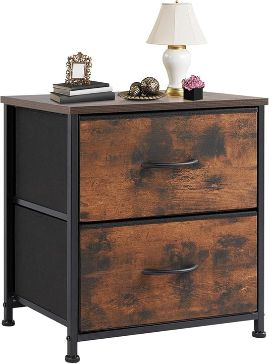 DUMOS Nightstand Small Dresser with 2 Fabric Drawers, Bedroom End Table | Kids Bedside Storage Furniture for 20 inch Tall Night Stand for Closet, Dorm, Rustic Brown