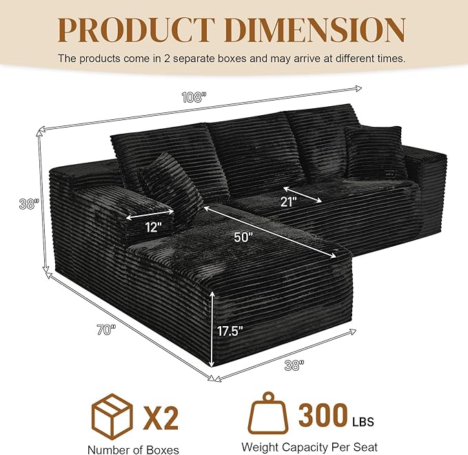 108" L Shaped Boneless Sectional Couches for Living Room, Wide Armrest, Deep Seat, Memory Foam, Assembly Free, Modern Comfy Corduroy Fluffy Cloud Sofa with Left Chaise, Black