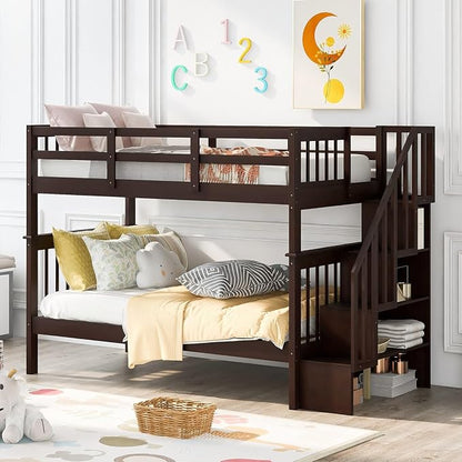 MERITLINE Twin Over Twin Bunk Bed with Storage Staircase, Solid Wood Stairway Convertible Bunk Bed with Stairs (Twin Over Twin,Espresso)