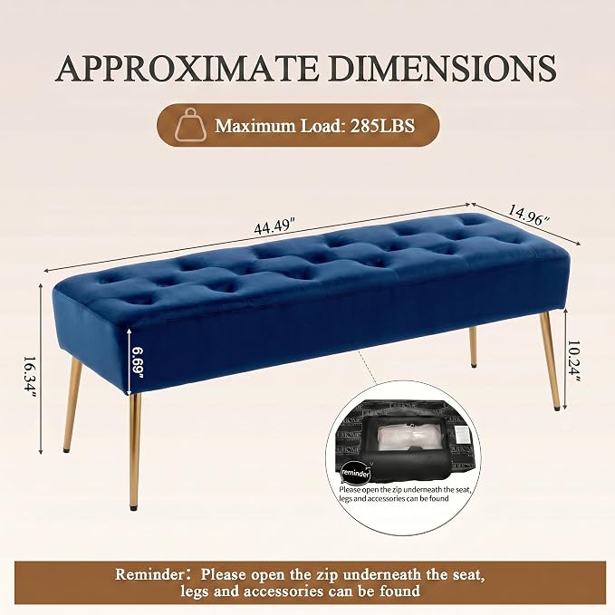 DUHOME Button-Tufted Ottoman Bench, Upholstered Bedroom Benches Velvet Footrest Stool Dining Bench Accent Bench for Entryway Dining Room Living Room Bedroom, Dark Blue