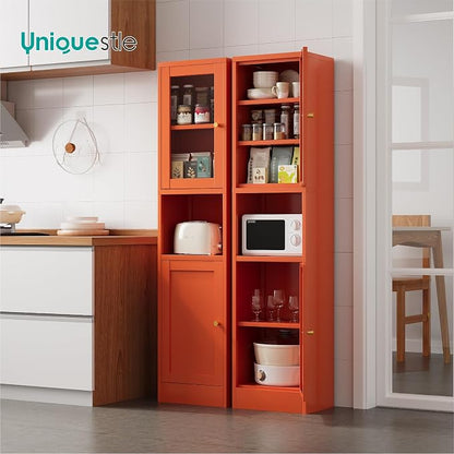 67" Tall Metal Narrow Storage Cabinet with Glass Door and Open Shelf, Shaker Style Slim Cabinet with Adjustable Shelves for Kitchen Bathroom Living Room Laundry Small Spaces, Orange, 1Pc