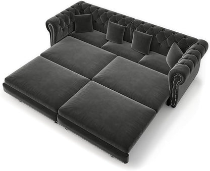 89'' Pull Out Sofa Bed King, Chesterfield Velvet Sleeper Sofa, Convertible L-Shaped Futon Couch, Tufted Back, 4 Pillows, Ottoman, Deep Seat Loveseat Couches for Living Room, Apartment, Gray
