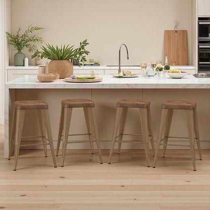 Bar Stools Set of 4, 30" Bar Height Bar Stools Backless, Upholstered Bar Stools with Metal Legs for Kitchen Island, Study Room, Cafe, Walnut