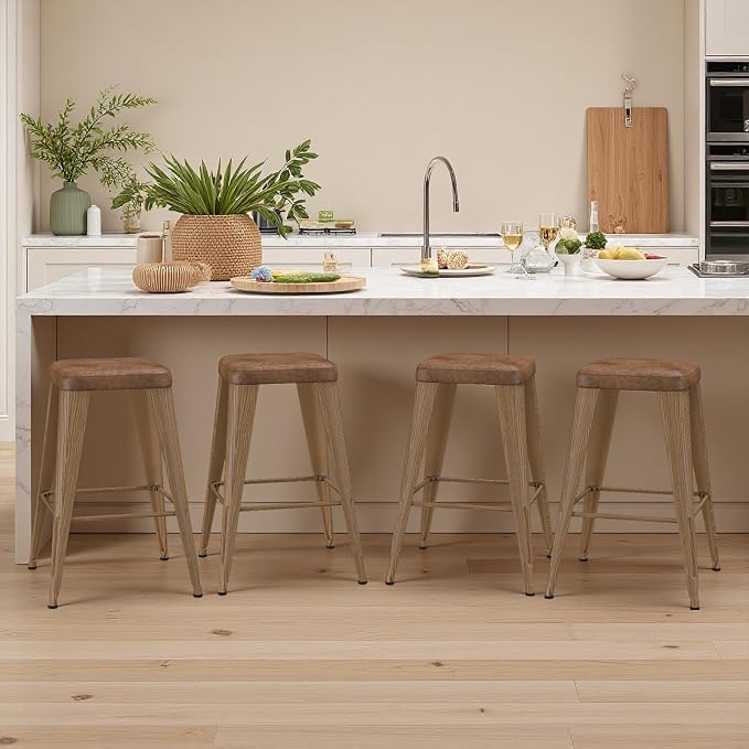 Bar Stools Set of 4, 26" Counter Height Bar Stools Backless, Upholstered Bar Stools with Metal Legs for Kitchen Island, Study Room, Cafe, Walnut