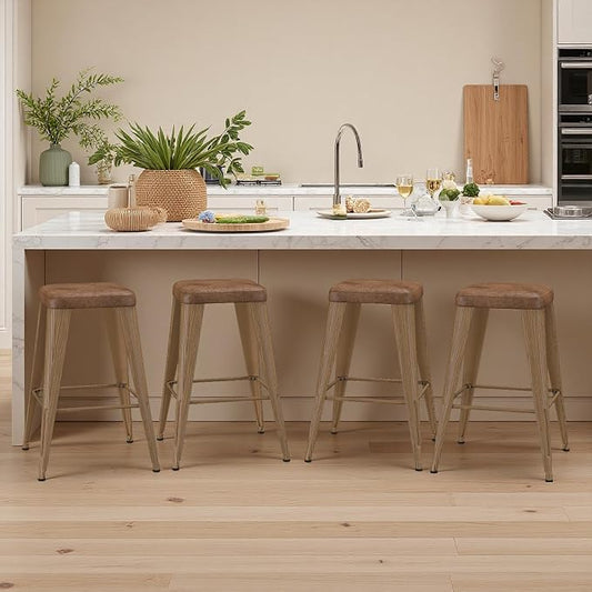 Bar Stools Set of 4, 24" Counter Height Bar Stools Backless, Upholstered Bar Stools with Metal Legs for Kitchen Island, Study Room, Cafe, Walnut