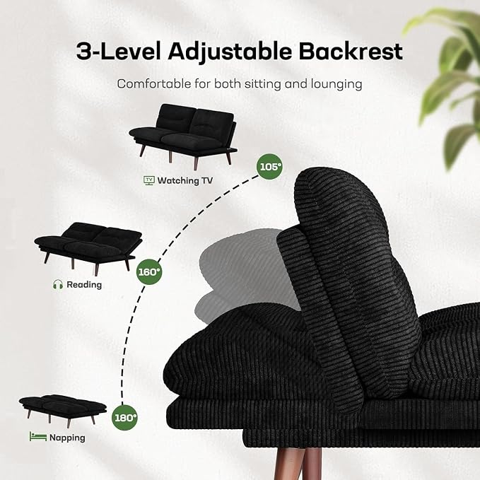 Marsail 66" Futon Sofa Bed, Convertible Corduroy Futon Couch with Adjustable Backrest & Armrests, Small Sleeper Sofa Loveseat for Living Room, Apartment, Black